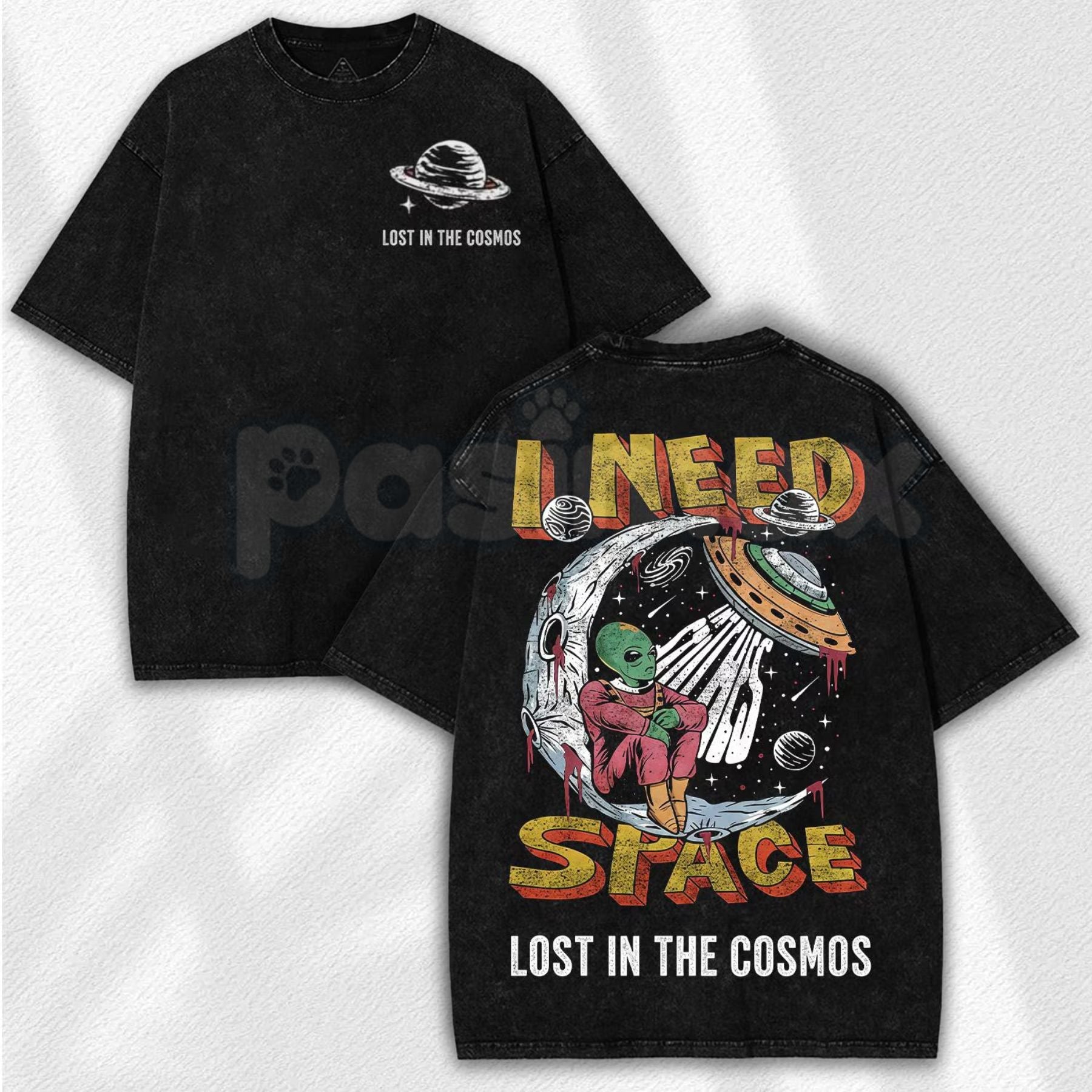Retro Space Alien I Need Space T-Shirt – Sci-Fi Graphic Vintage Washed Tee, Funny UFO Lightweight Cotton Top, Aesthetic Galaxy Streetwear