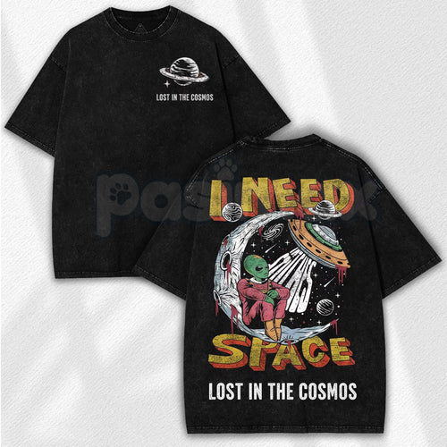 Retro Space Alien I Need Space T-Shirt – Sci-Fi Graphic Vintage Washed Tee, Funny UFO Lightweight Cotton Top, Aesthetic Galaxy Streetwear