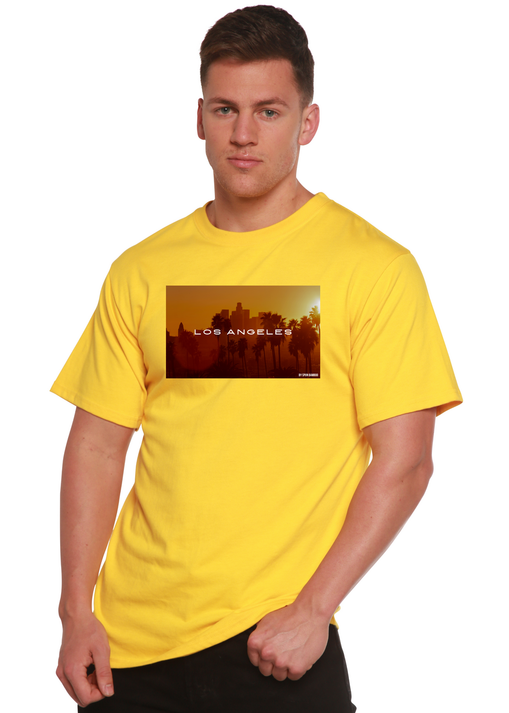 Spun Bamboo Los Angeles Unisex Bamboo Viscose/Organic Cotton Short Sleeve Graphic T-Shirt — in-use photo
