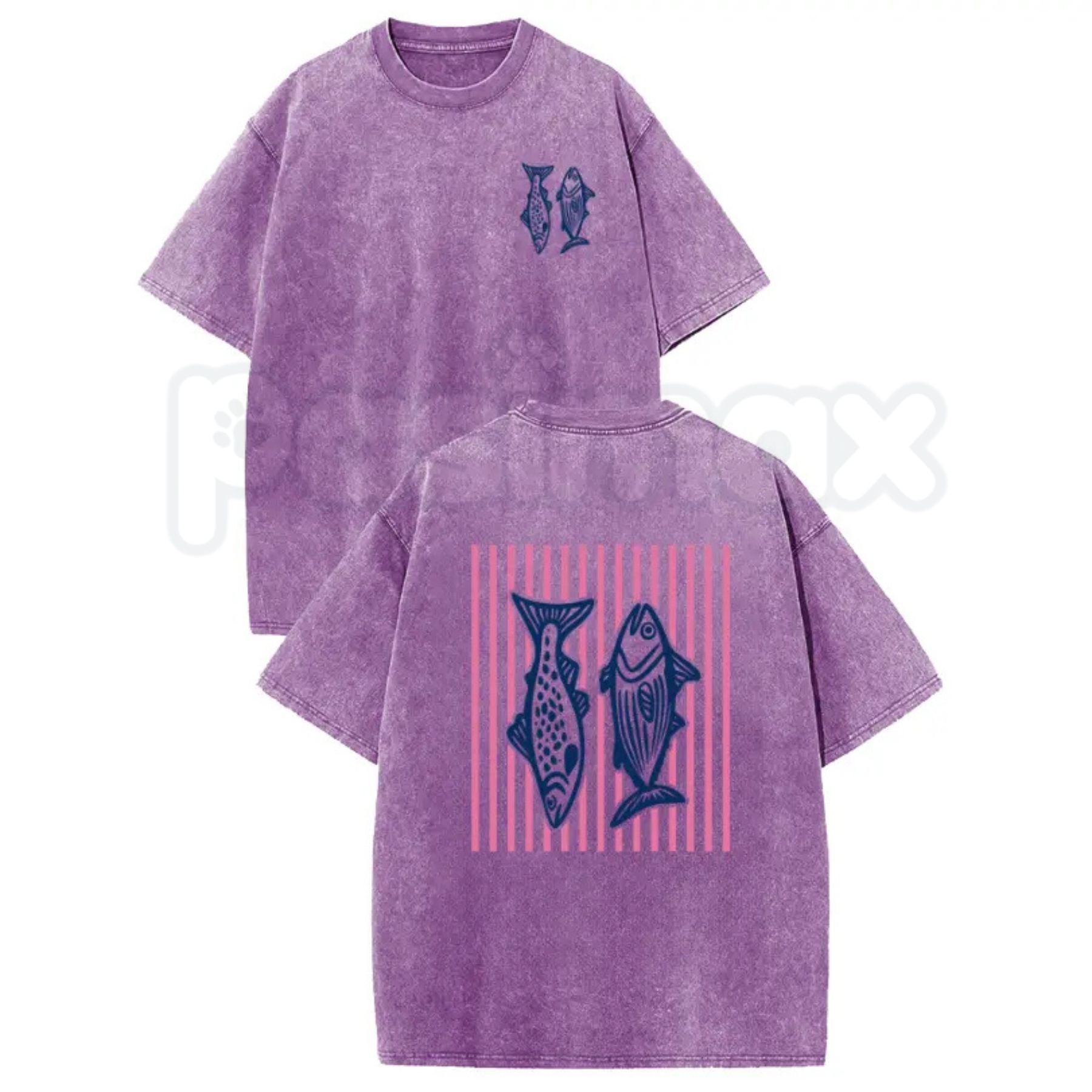 Retro Pink Striped Fish T-Shirt – Acid Wash Dual-Side Graphic Tee, Vintage Nautical Aesthetic Lightweight Cotton Coastal Unisex Top