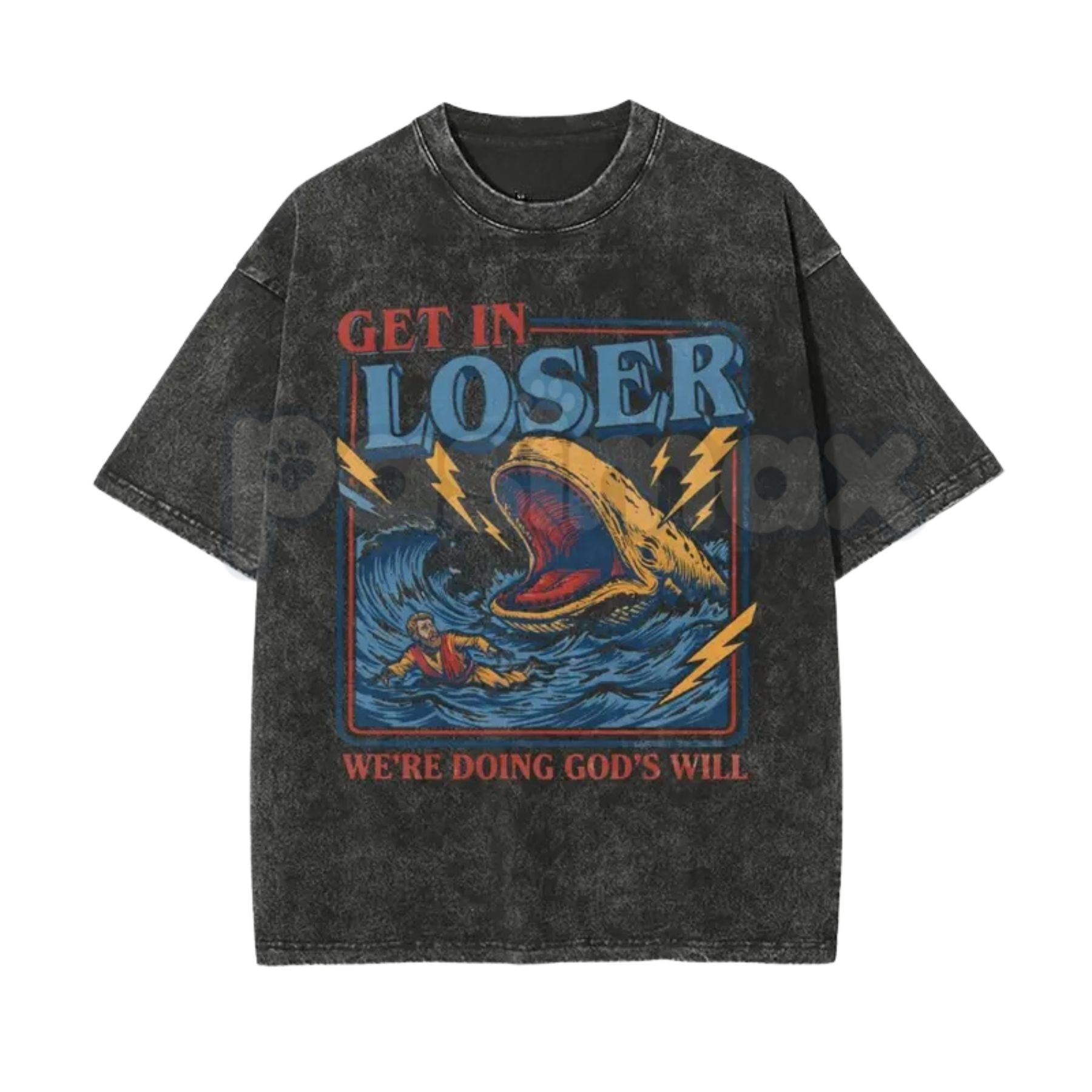 Christian Streetwear Jonah and the Whale T-Shirt – Get In Loser We're Doing God's Will Graphic Tee, Vintage Washed Faith Lightweight Cotton Top