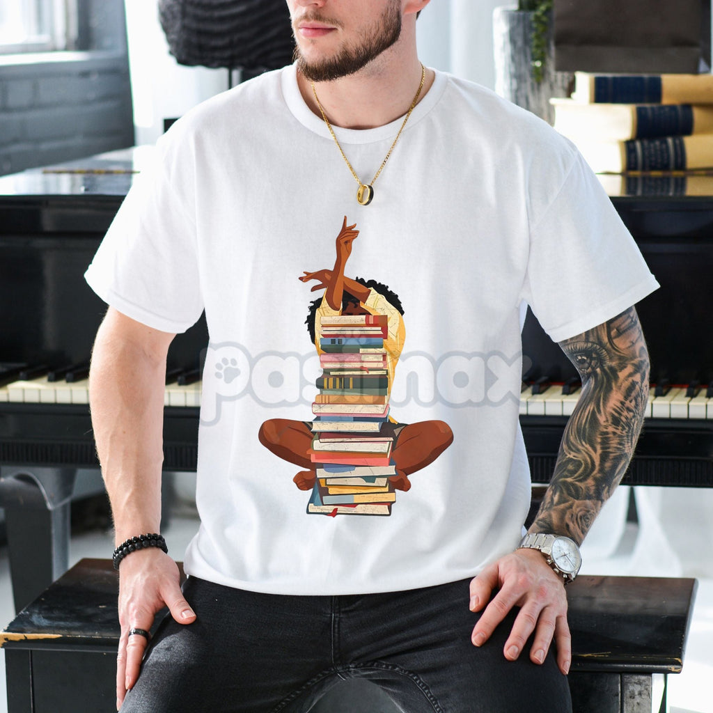 Pasimax Black Woman and Books Stack T-Shirt - Afro Girl Book Lover Graphic Tee, Literary Culture Apparel, Unisex Black Histor