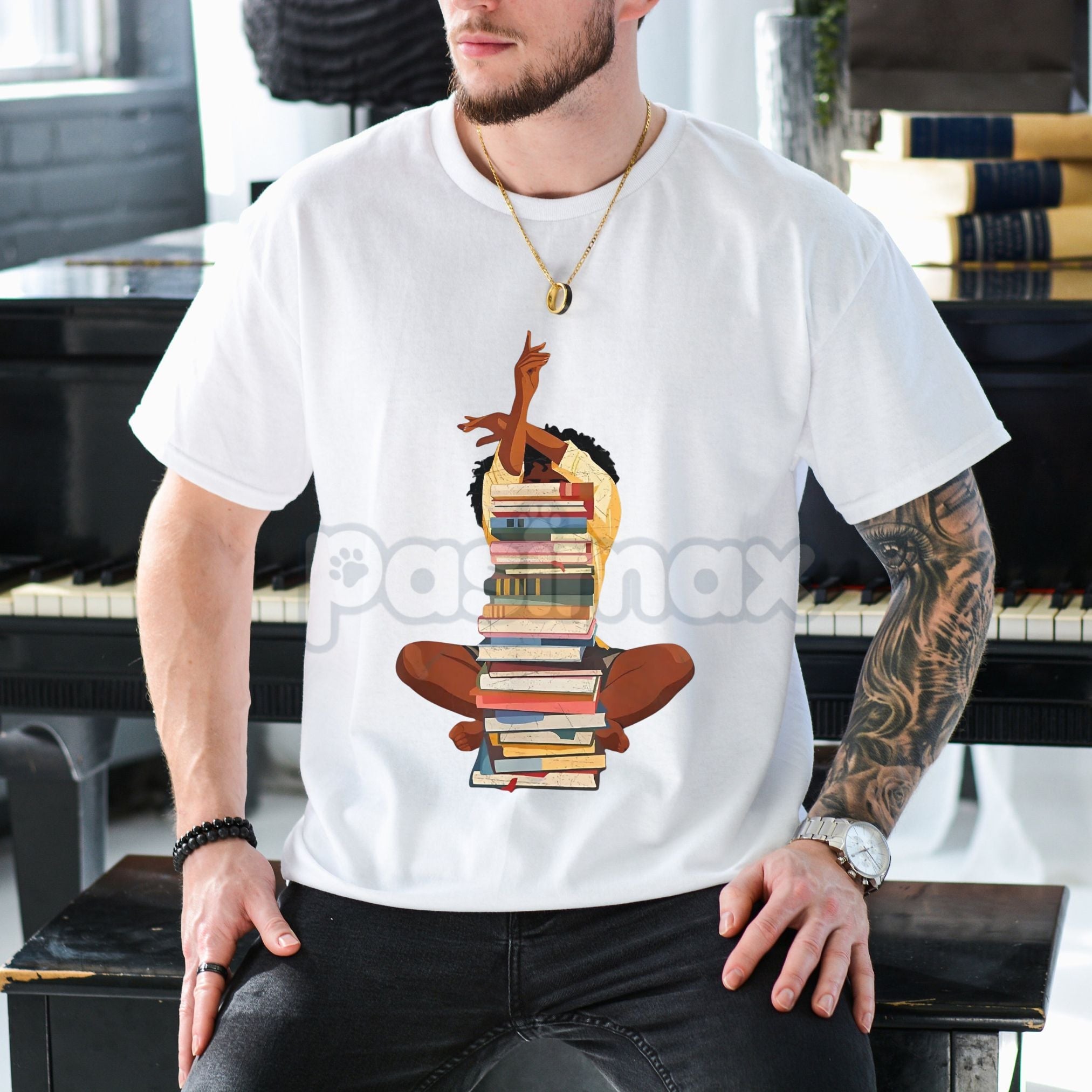 Pasimax Black Woman and Books Stack T-Shirt - Afro Girl Book Lover Graphic Tee, Literary Culture Apparel, Unisex Black Histor