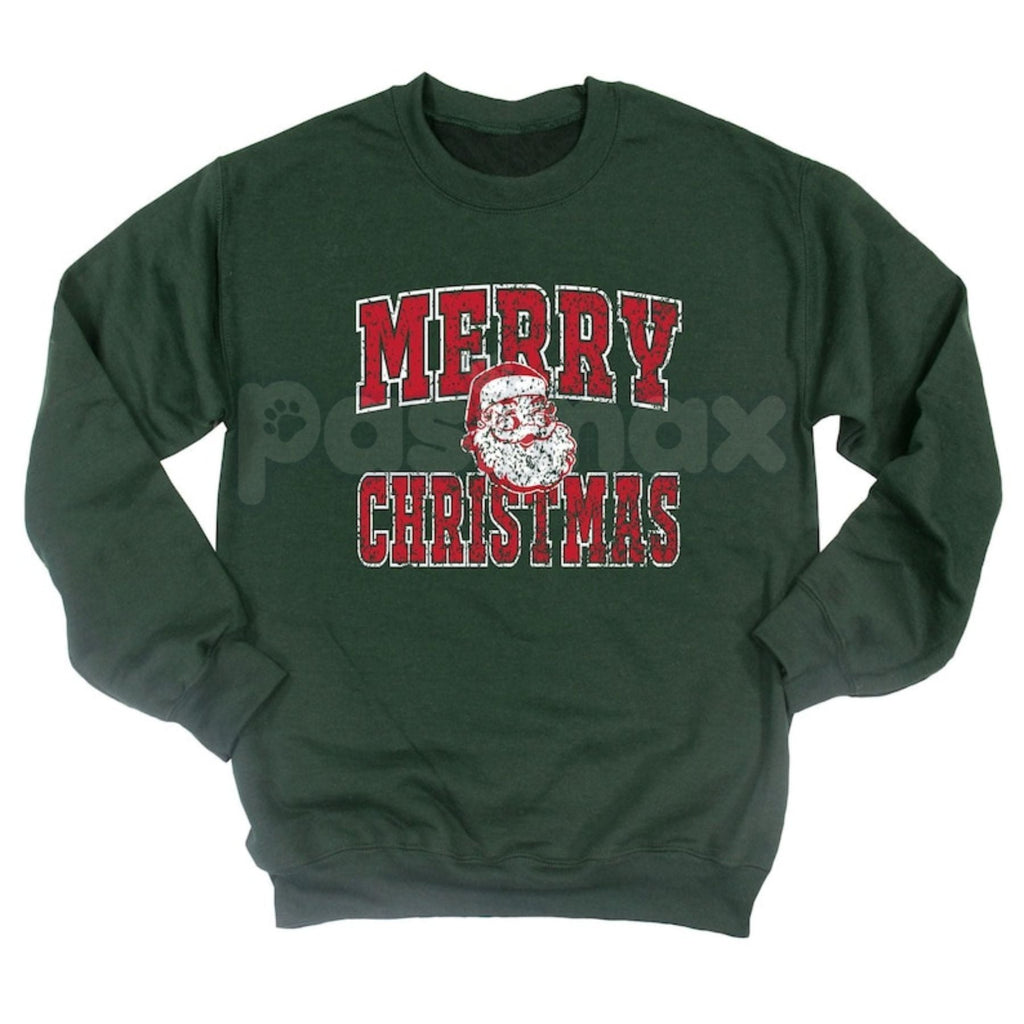 Pasimax Retro Merry Christmas Santa Sweatshirt | Vintage Holiday Crewneck Jumper | Nostalgic Graphic Top — detail close-up