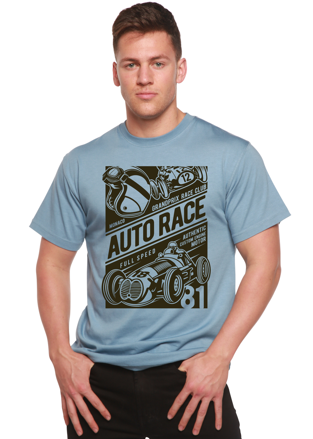 Spun Bamboo Auto Race Men's Bamboo Viscose/Organic Cotton Short Sleeve Graphic T-Shirt — detail close-up