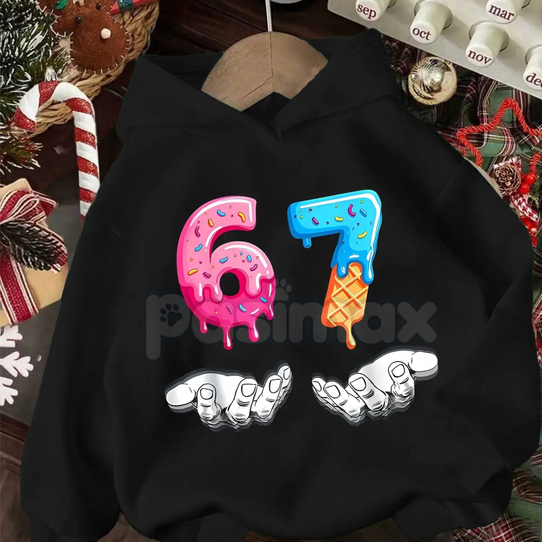 Pasimax 67 Legacy Christmas Hoodie – Six Seven Vintage Year Pullover, Festive Number Graphic Apparel, Unisex — detail close-u