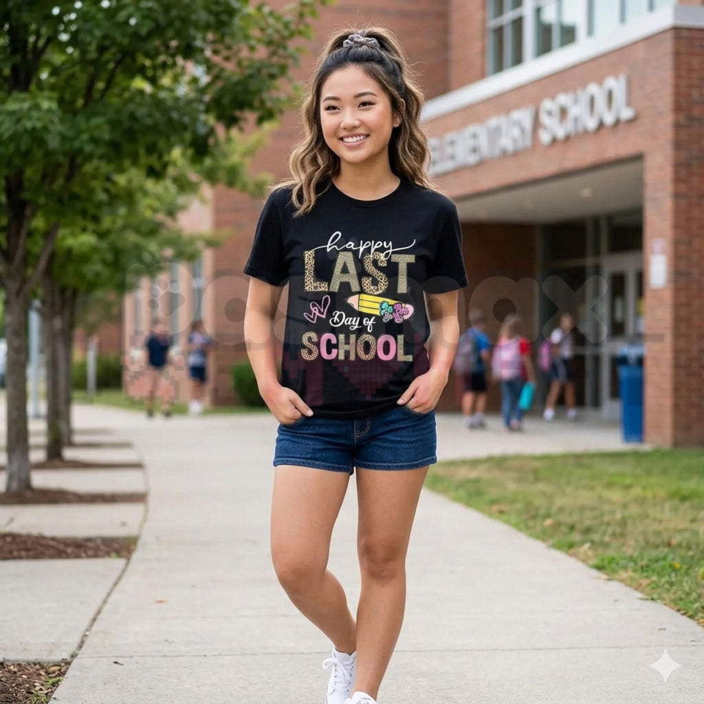 "Happy Last Day Of School" Leopard Graphic T-Shirt – Trendy 2026 Teacher & Student Keepsake Tee, Remastered Heavy Cotton Animal Print Top, Soft Lived-In Heavyweight School Spirit Shirt, Made in USA