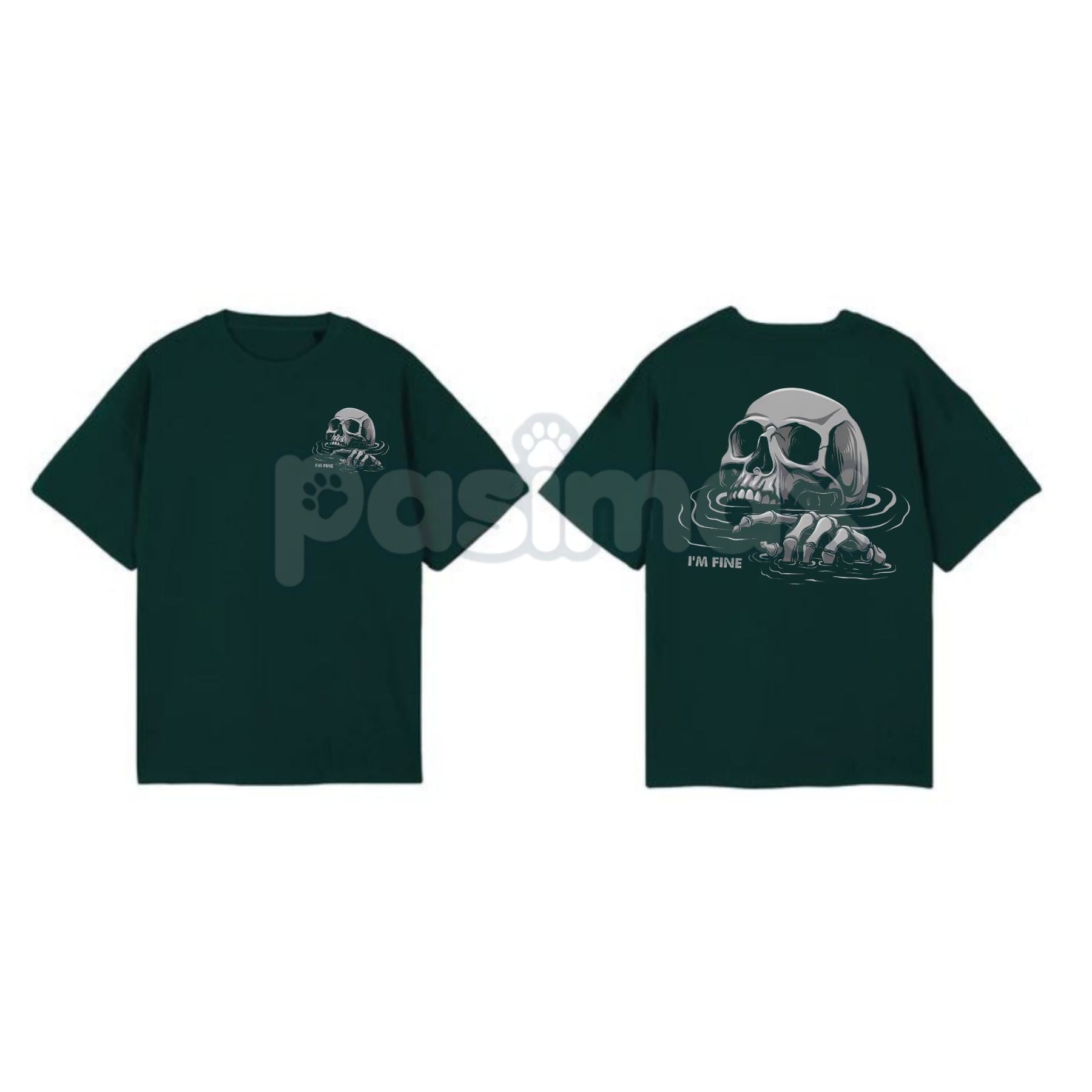 Pasimax "I'M FINE" Drowning Skull Black Print T-Shirt - Gothic Humor Graphic Tee, Sarcastic Men's Apparel, Dark Aesthetic Sku