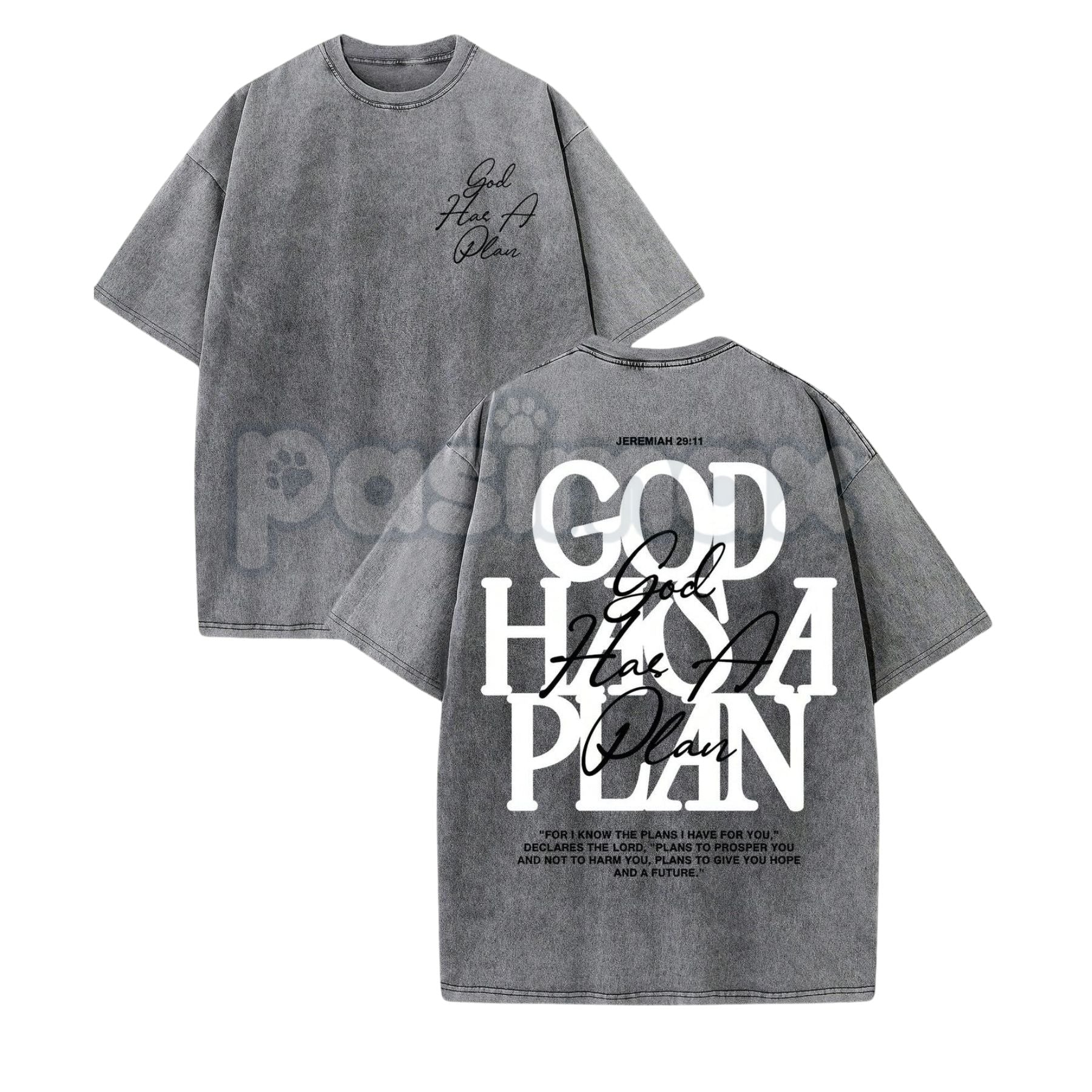 Pasimax "God Has A Plan" Double Sided T-Shirt – Retro Washed Christian Letter Print, 230 GSM Cotton — detail close-up