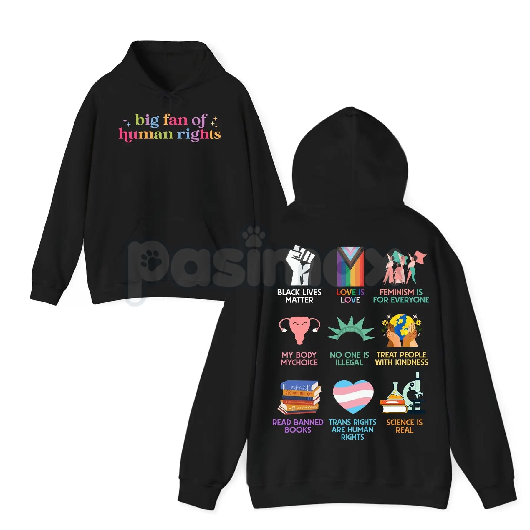 Pasimax Big Fan of Human Rights Hoodie – Statement Pullover, Social Justice & Activism Apparel, Unisex — detail close-up