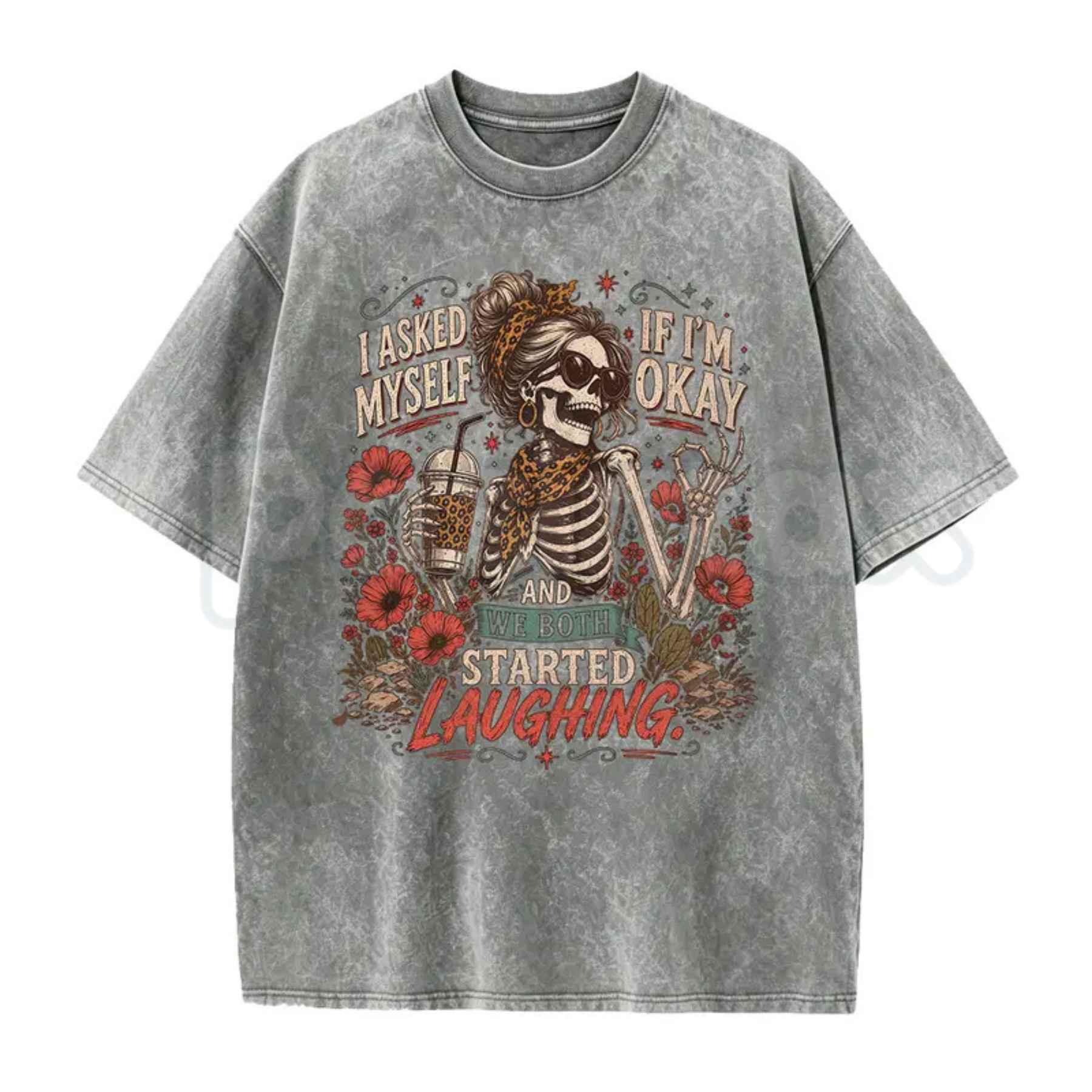 I Asked Myself If I'm Okay Skeleton T-Shirt – Funny Dark Humor Graphic Tee, Vintage Washed Lightweight Cotton Mental Health Unisex Top