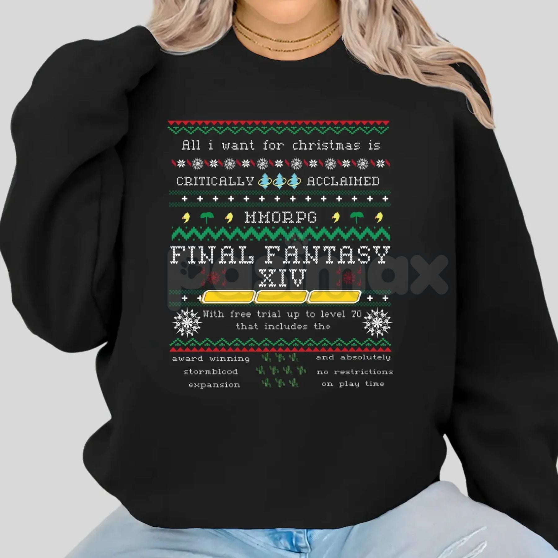 Pasimax FFXIV Christmas Sweatshirt: "Critically Acclaimed Online RPG" Holiday Crewneck – Final Fantasy XIV Fan Gift — detail 