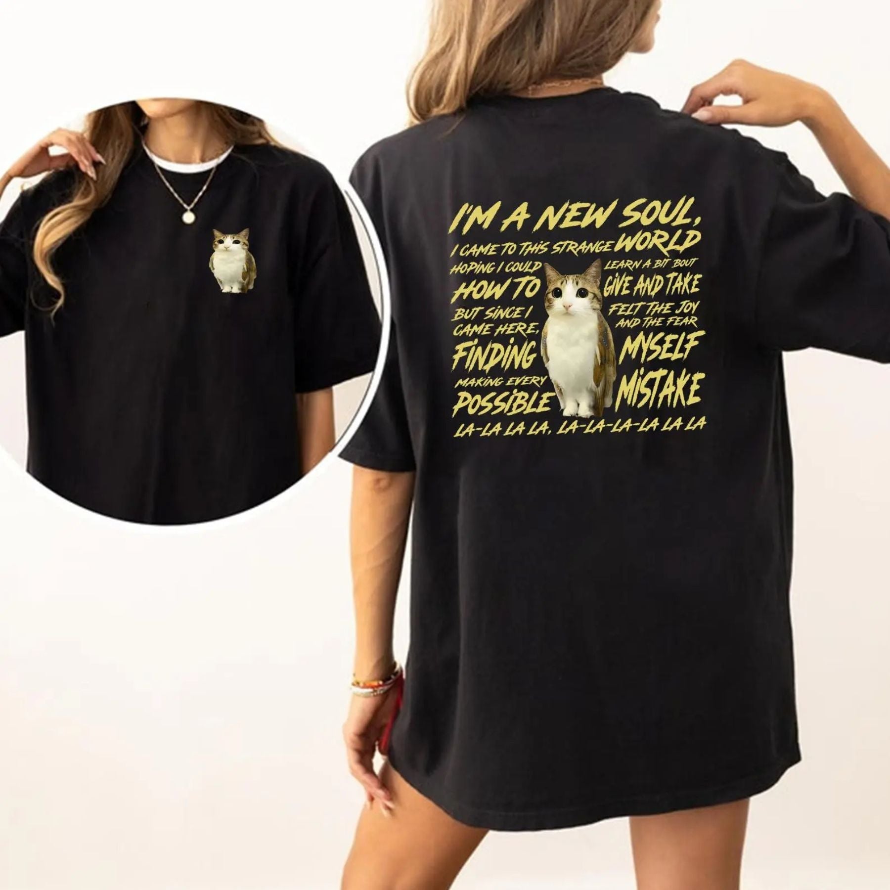 Pasimax "New Souls" Double-Sided Meowl Meme T-shirt — lifestyle context