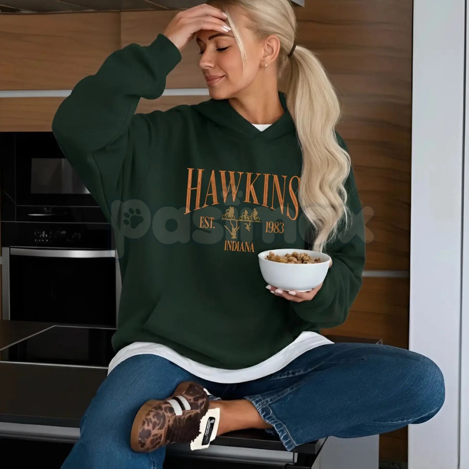 Pasimax Hawkins Indiana 1983 Embroidered Unisex Hoodie – Vintage 80s Retro Aesthetic, Heavy Blend Mystery Fan Apparel — detai