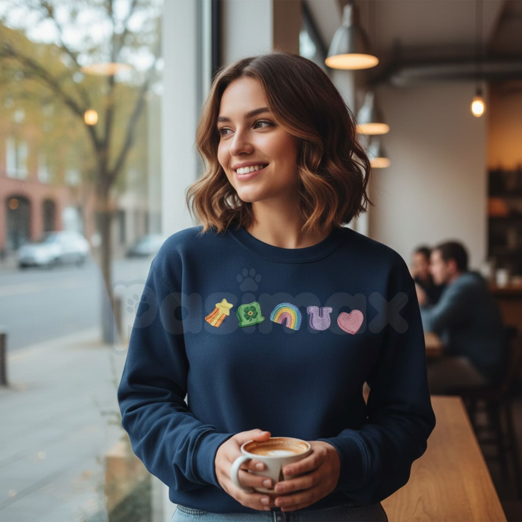 Pasimax Embroidered Lucky Charm Sweatshirt – St. Patrick’s Day Shamrock & Rainbow Crewneck — detail close-up