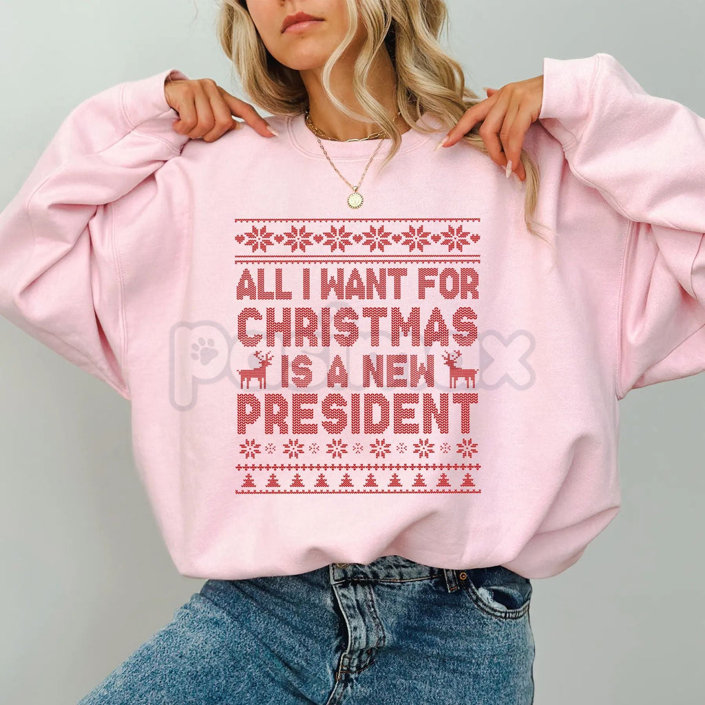 Pasimax "All I Want for Christmas is a New President" Sweatshirt – Sarcastic Political Holiday Crewneck — detail close-up