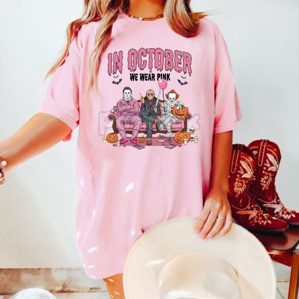 Pasimax Women's "In October We Wear Pink" Halloween Graphic T-Shirt — detail close-up