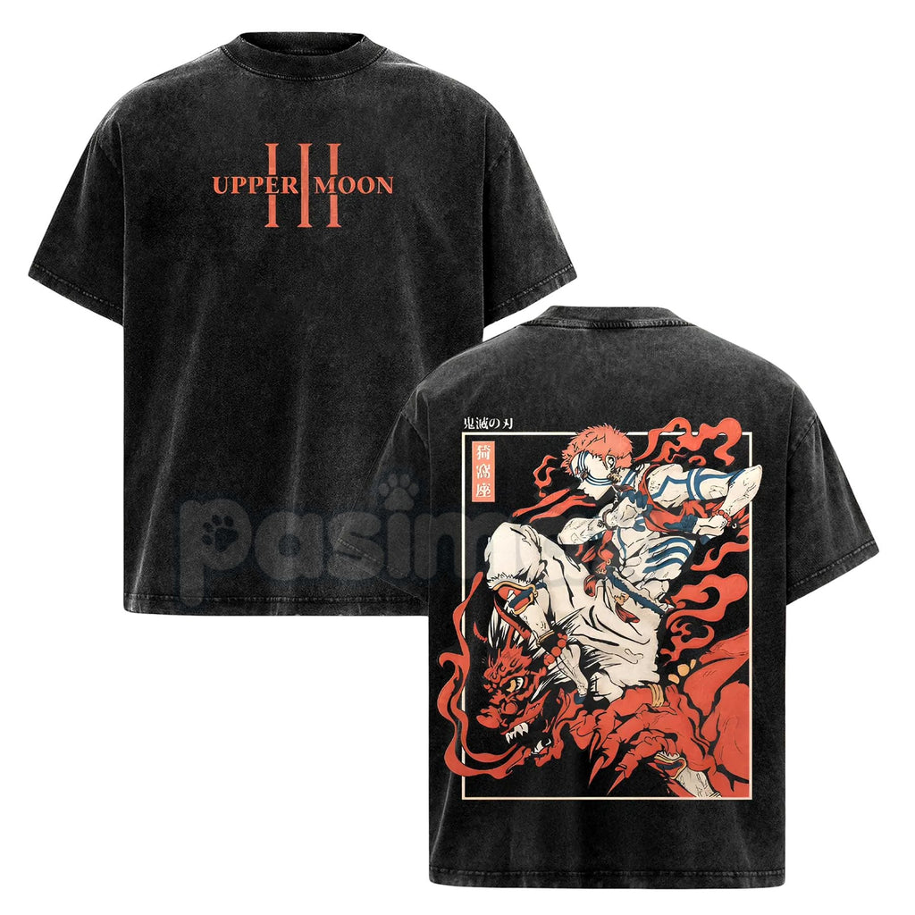 Pasimax Akaza Upper Moon 3 T-Shirt – Demon Slayer Infinity Castle Arc Graphic Tee, Vintage Washed Oversized Anime Shirt — det