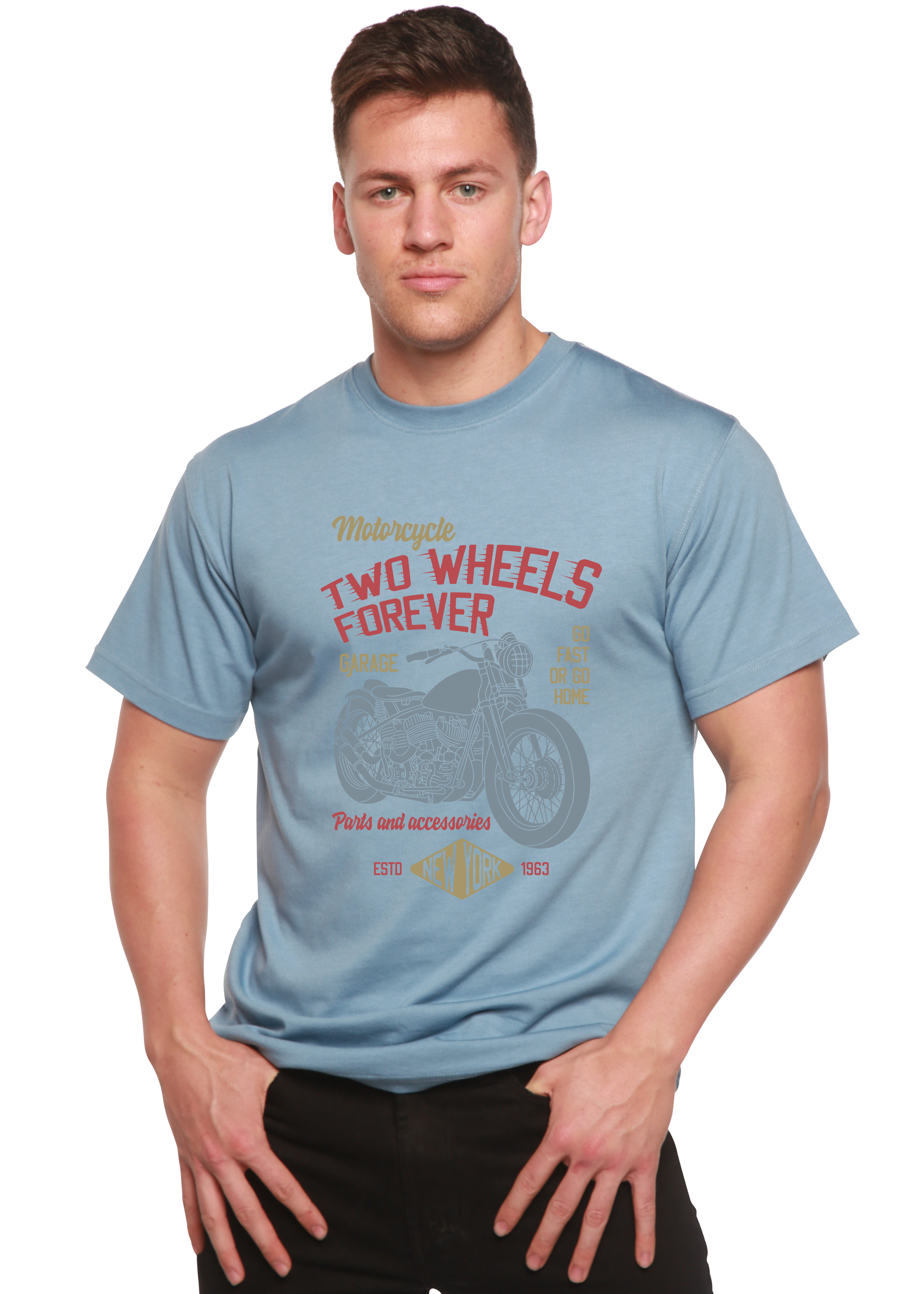 Spun Bamboo Two Wheels Forever Men's Bamboo Viscose/Organic Cotton Short Sleeve Graphic T-Shirt — back view