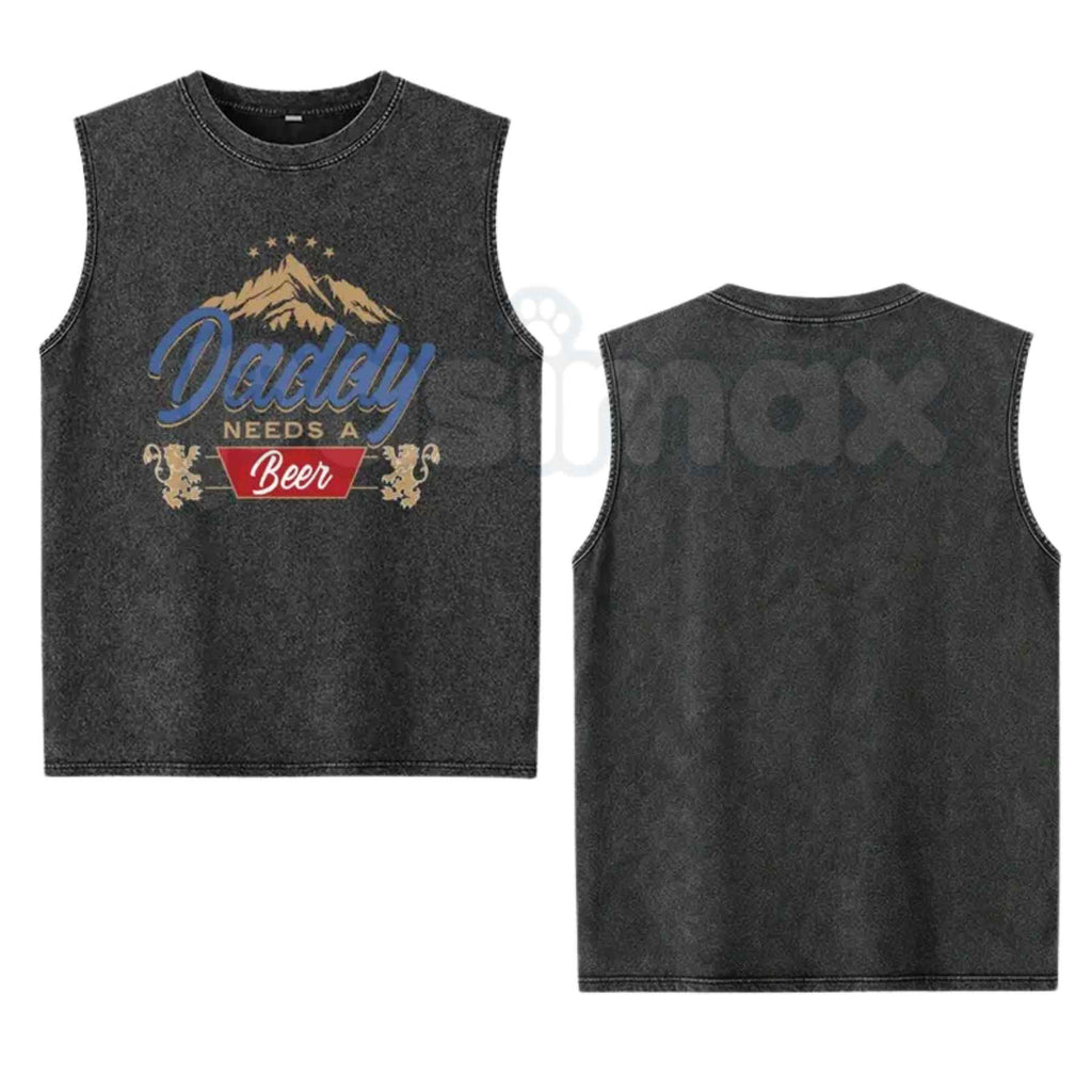 Men's Daddy Needs A Beer Tank Top – Retro Funny Drinking Graphic Sleeveless Shirt, Vintage Washed Lightweight Cotton Summer Top