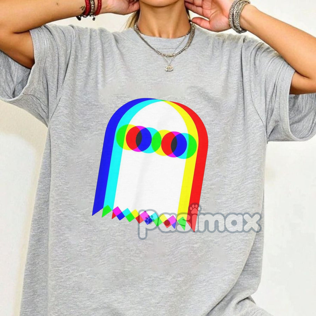 Pasimax Ghost Trippy Vaporwave T-Shirt - Halloween Rave EDM Party Tee, Techno Music Apparel — detail close-up