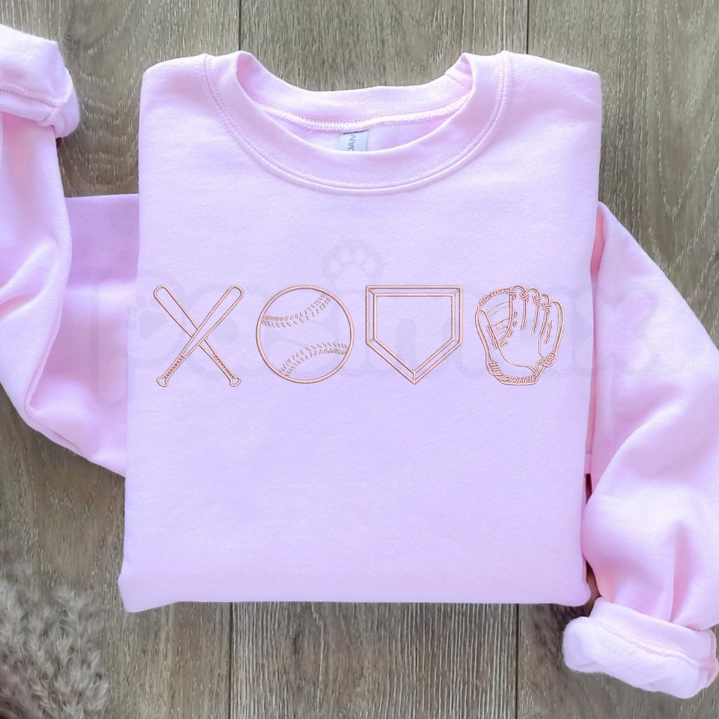 Pasimax Baseball XOXO Icons Embroidered Sweatshirt – Cute Game Day Sports Crewneck — detail close-up
