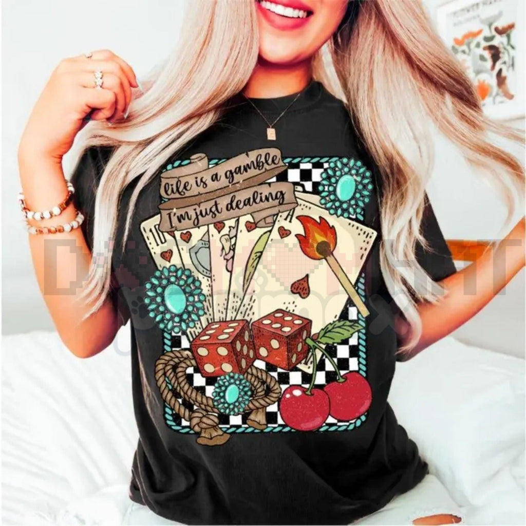 Pasimax Life is a Gamble Shirt – Retro Turquoise Western Graphic Hoodie & Wild West Country Sweatshirt — detail close-up