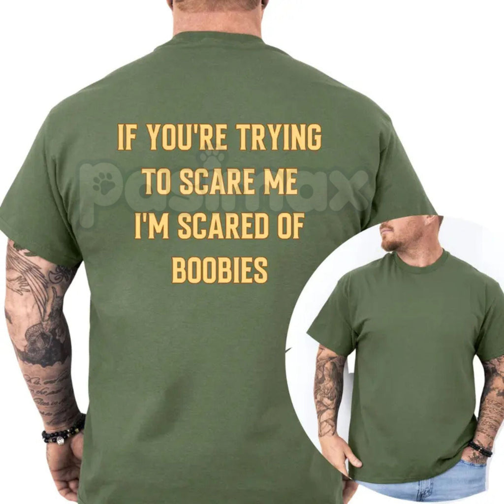 Pasimax "I'm Scared Of Boobies" Funny Men’s T-Shirt - Ironic Adult Humor Graphic Tee, Premium 100% Cotton Sarcastic Men's Gif