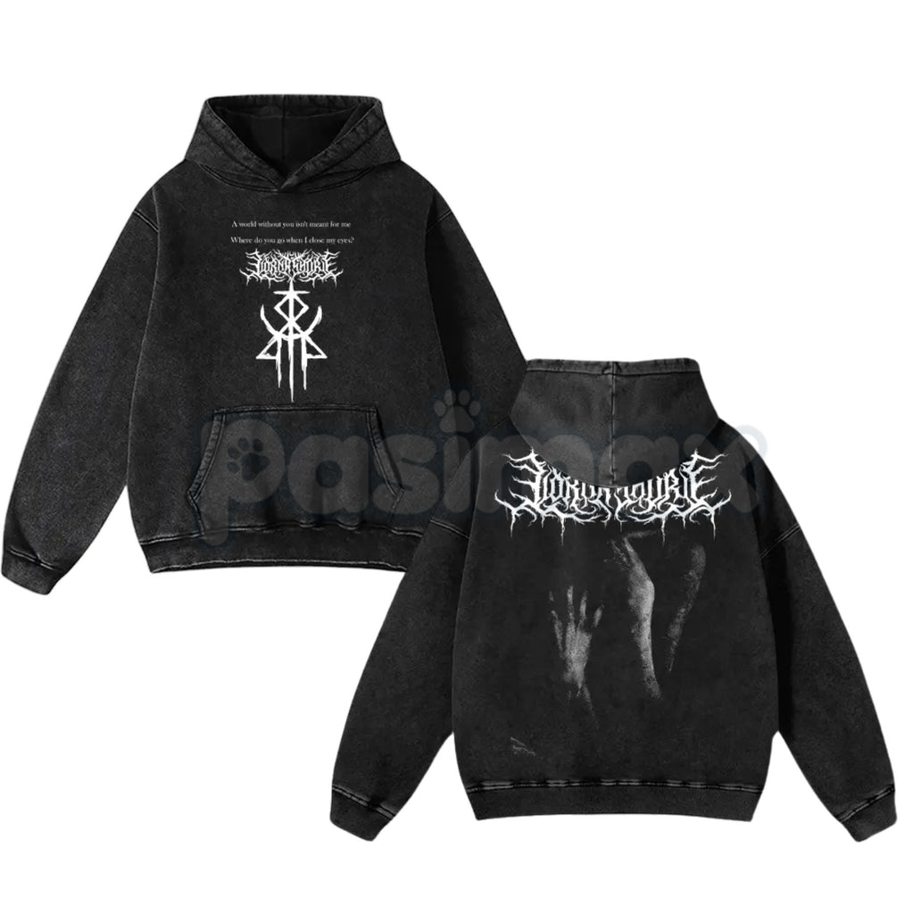 Pasimax Lorna Shore Pain Remains Hoodie – Dancing Like Flames Washed Heavy Metal Pullover — detail close-up
