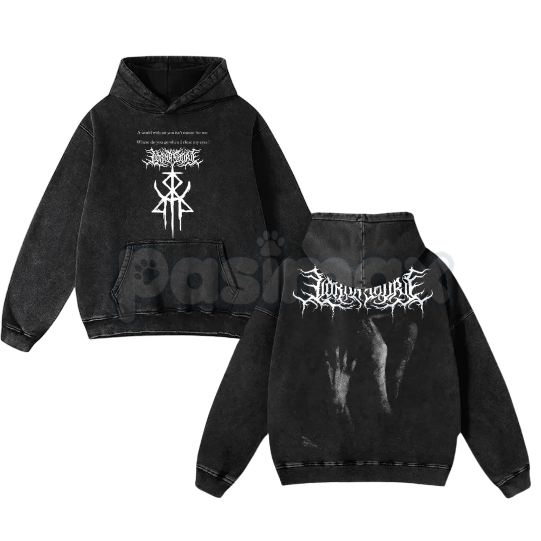 Pasimax Lorna Shore Pain Remains Hoodie – Dancing Like Flames Washed Heavy Metal Pullover — detail close-up