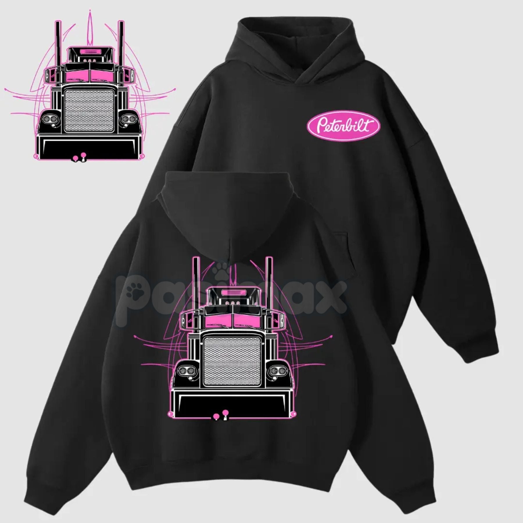 Pasimax Peterbilt Pink Semi Truck 2-Sided Hoodie – Unique Trucker Pullover, Bold Graphic Apparel, Unisex — detail close-up