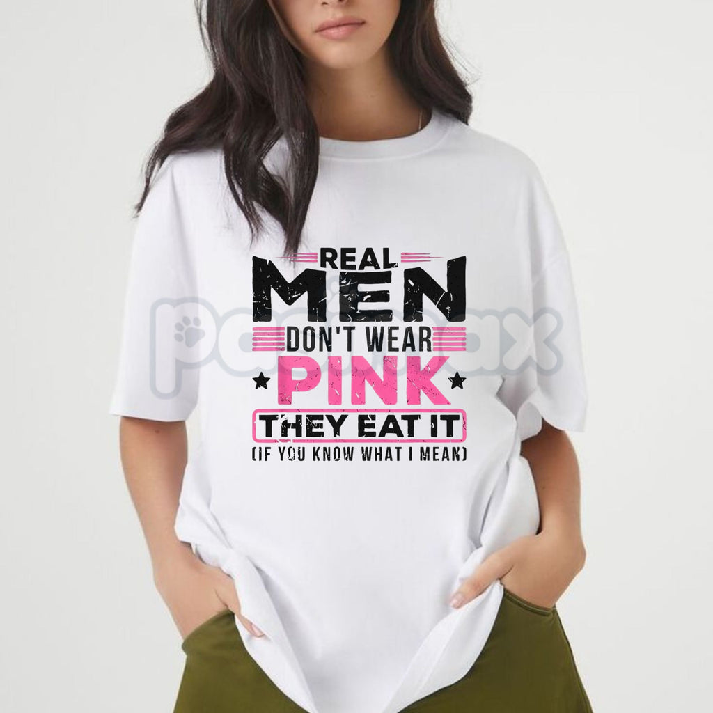 Pasimax "Real Men Don't Wear Pink" Absurdist Cat T-Shirt - Funny Surreal Humor Graphic Tee, Irony Core Weird Text Shirt, Prem