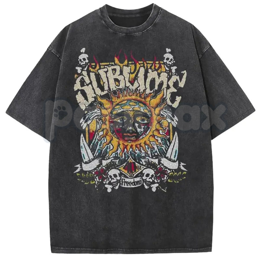 Sunland Oversized Sun Pattern T-Shirt – Acid Washed Unisex Celestial Graphic Tee, Lightweight Retro Cotton Streetwear Top