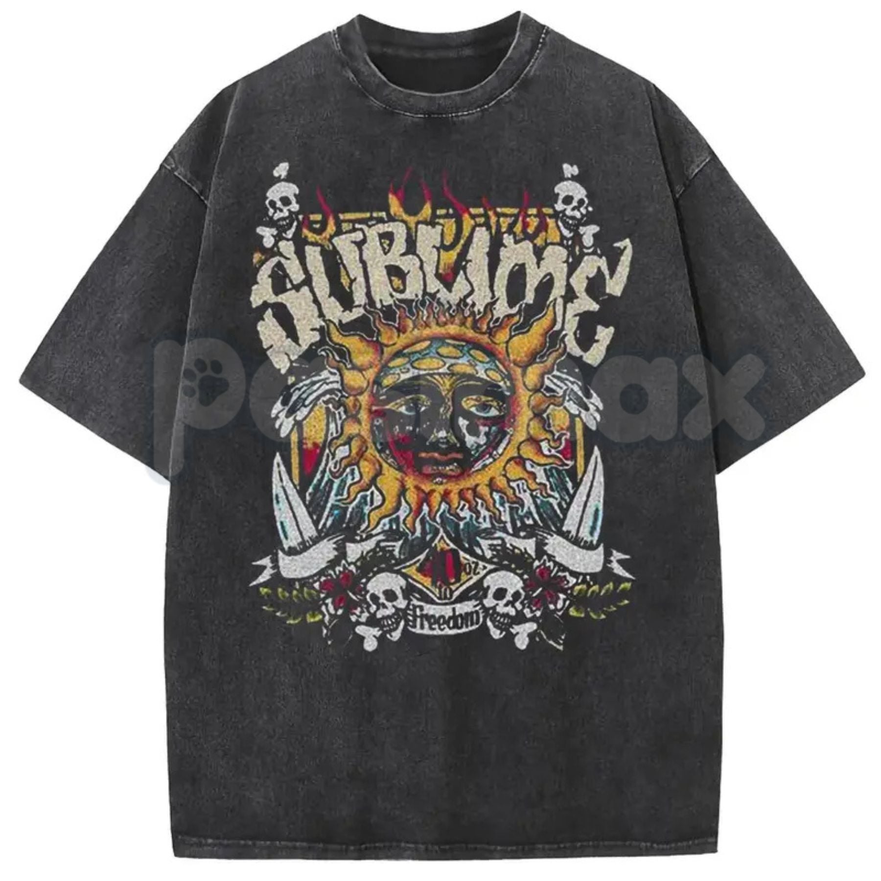 Sunland Oversized Sun Pattern T-Shirt – Acid Washed Unisex Celestial Graphic Tee, Lightweight Retro Cotton Streetwear Top