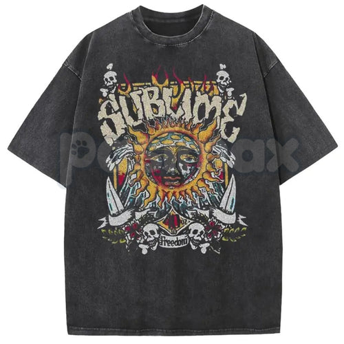 Sunland Oversized Sun Pattern T-Shirt – Acid Washed Unisex Celestial Graphic Tee, Lightweight Retro Cotton Streetwear Top