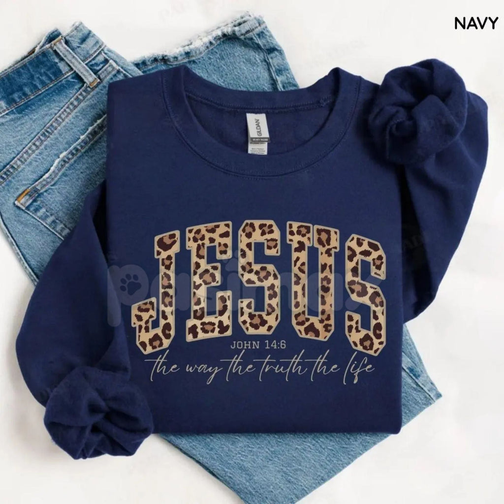 Pasimax Christian Jesus Leopard Sweatshirt | Cheetah Print Faith Crewneck | Modern Bible Verse Shirt for Women — detail close