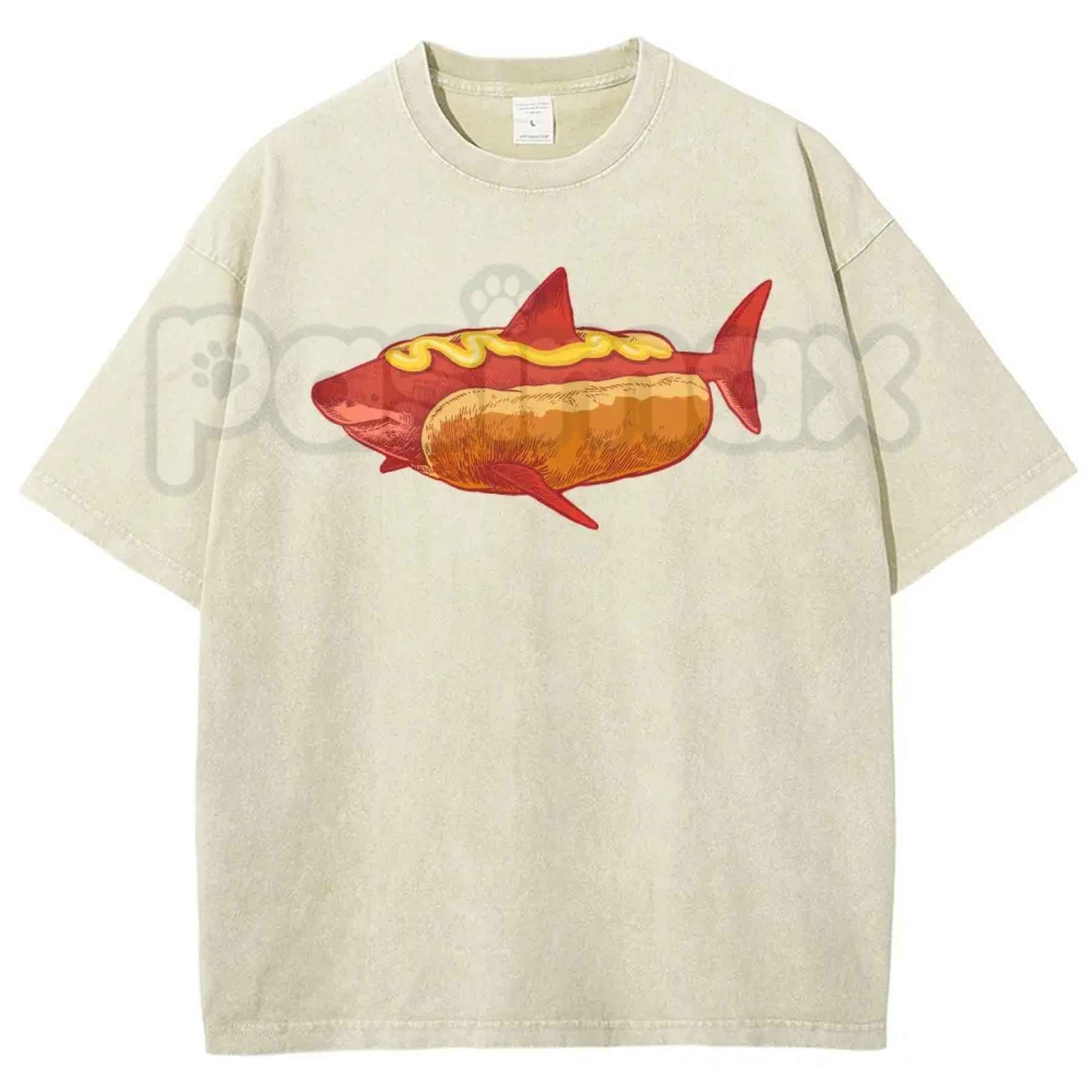 Shark Hotdog Funny Food Meme T-Shirt – Retro Weirdcore Graphic Tee, Vintage Washed Lightweight Cotton Unisex Streetwear Top