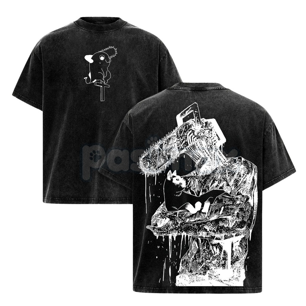 Pasimax Chainsaw Man Denji T-Shirt – Vintage Washed Oversized Heavy Cotton Tee, Anime Streetwear — detail close-up
