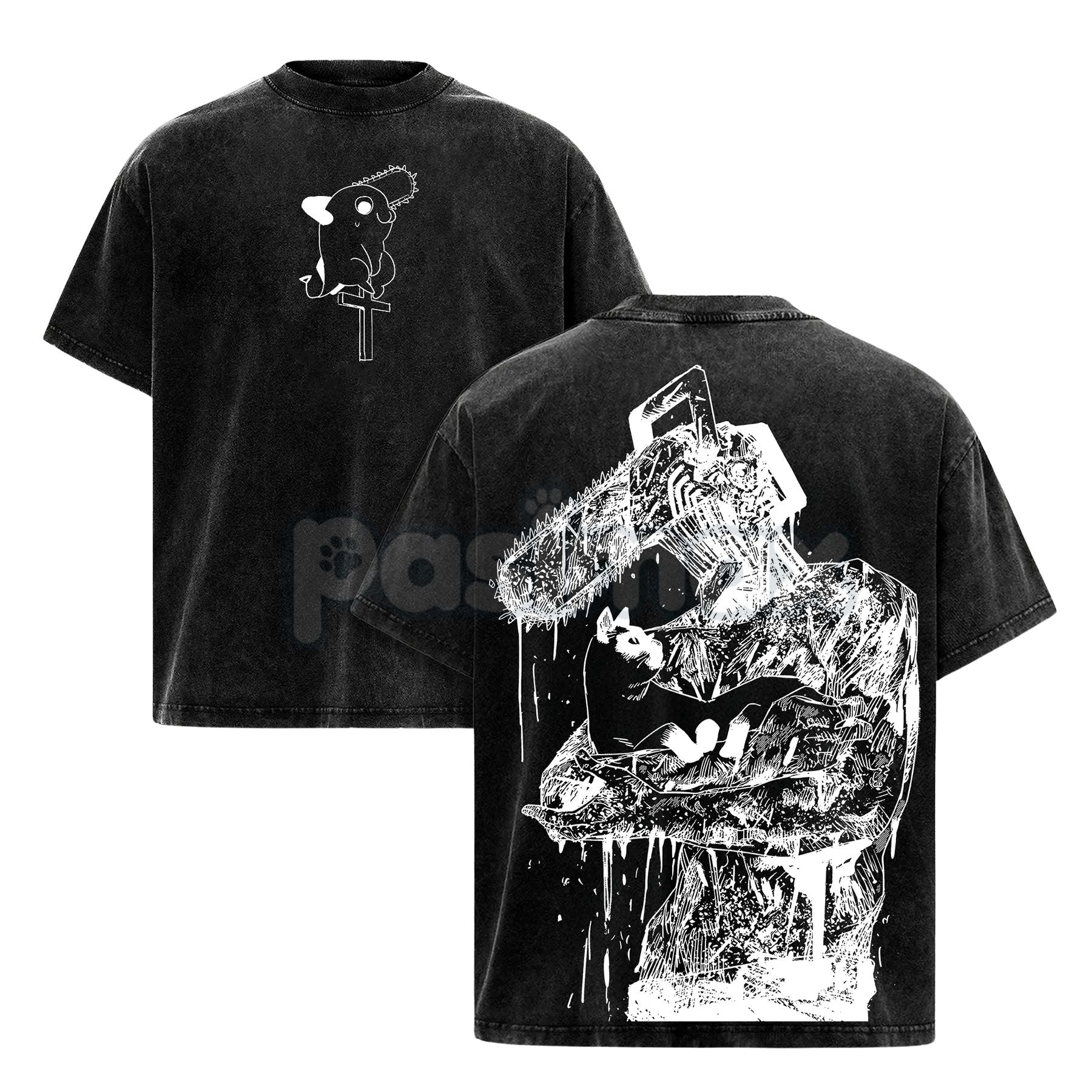 Pasimax Chainsaw Man Denji T-Shirt – Vintage Washed Oversized Heavy Cotton Tee, Anime Streetwear — detail close-up