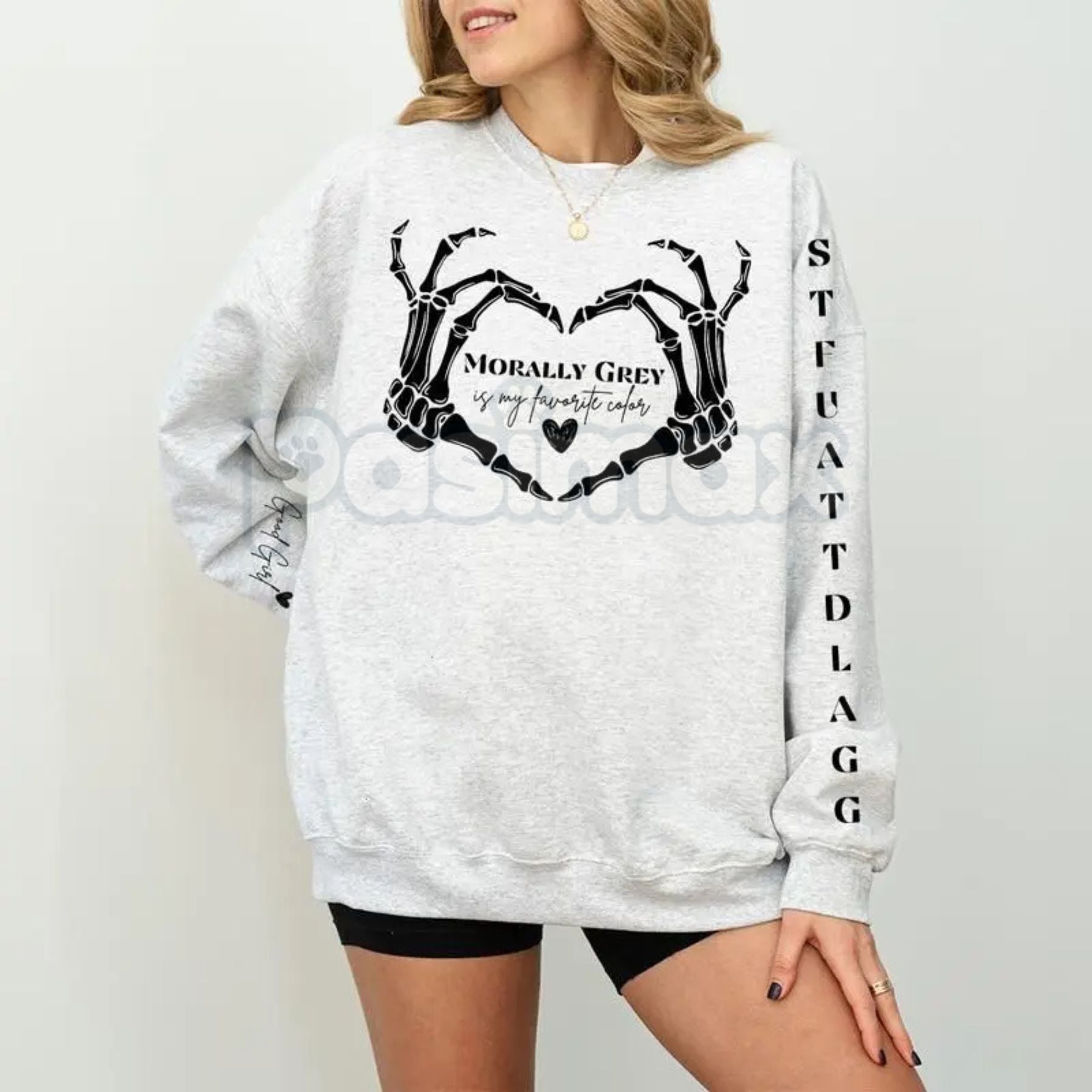 Pasimax "Morally Grey" Dark Romance Sweatshirt – Bookish Fandom Reader Crewneck — detail close-up