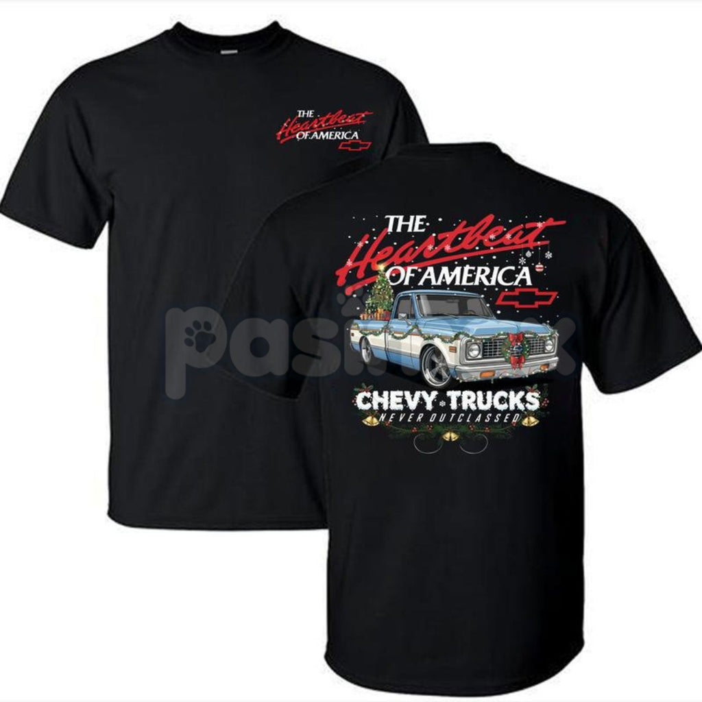 Pasimax Retro Chevy Heartbeat of America Christmas T-Shirt - Vintage Holiday Automotive Tee, Iconic Chevy Slogan Xmas Gift, A