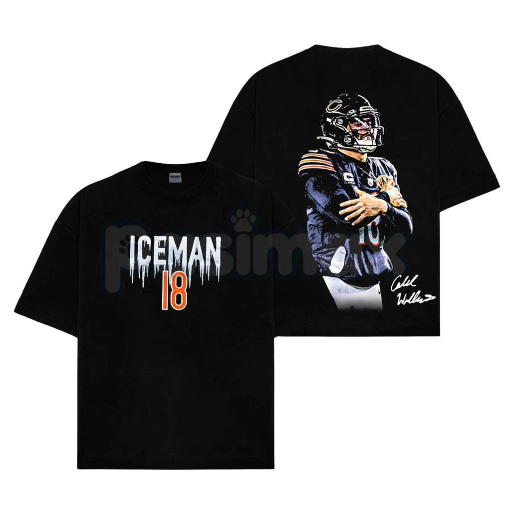 Pasimax Caleb Williams 18 – Iceman 'Cold' Celly For Da Bears Cotton Hoodie, Sweatshirt & T-Shirt — detail close-up