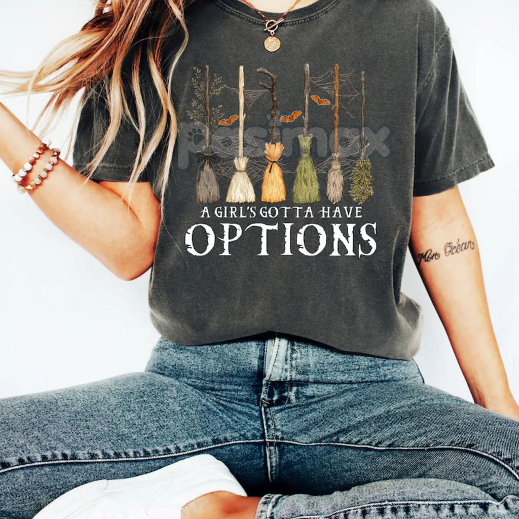 Pasimax 'A Girl Gotta Have Options' Witches Halloween Shirt — detail close-up