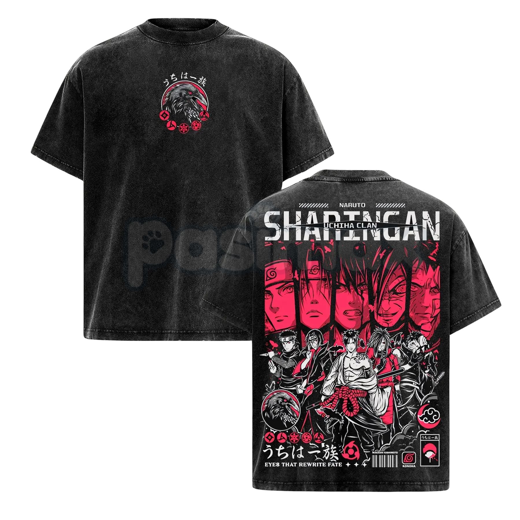 Pasimax Otaku Lux Uchiha Clan Sharingan T-Shirt – Retro Vintage Washed Naruto Anime Graphic Tee — detail close-up