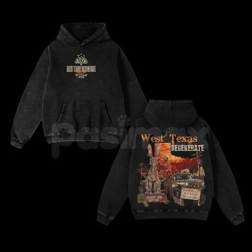 Pasimax Treaty Oak Revival West Texas Degenerate Hoodie – Vintage Washed Country Music Streetwear — detail close-up