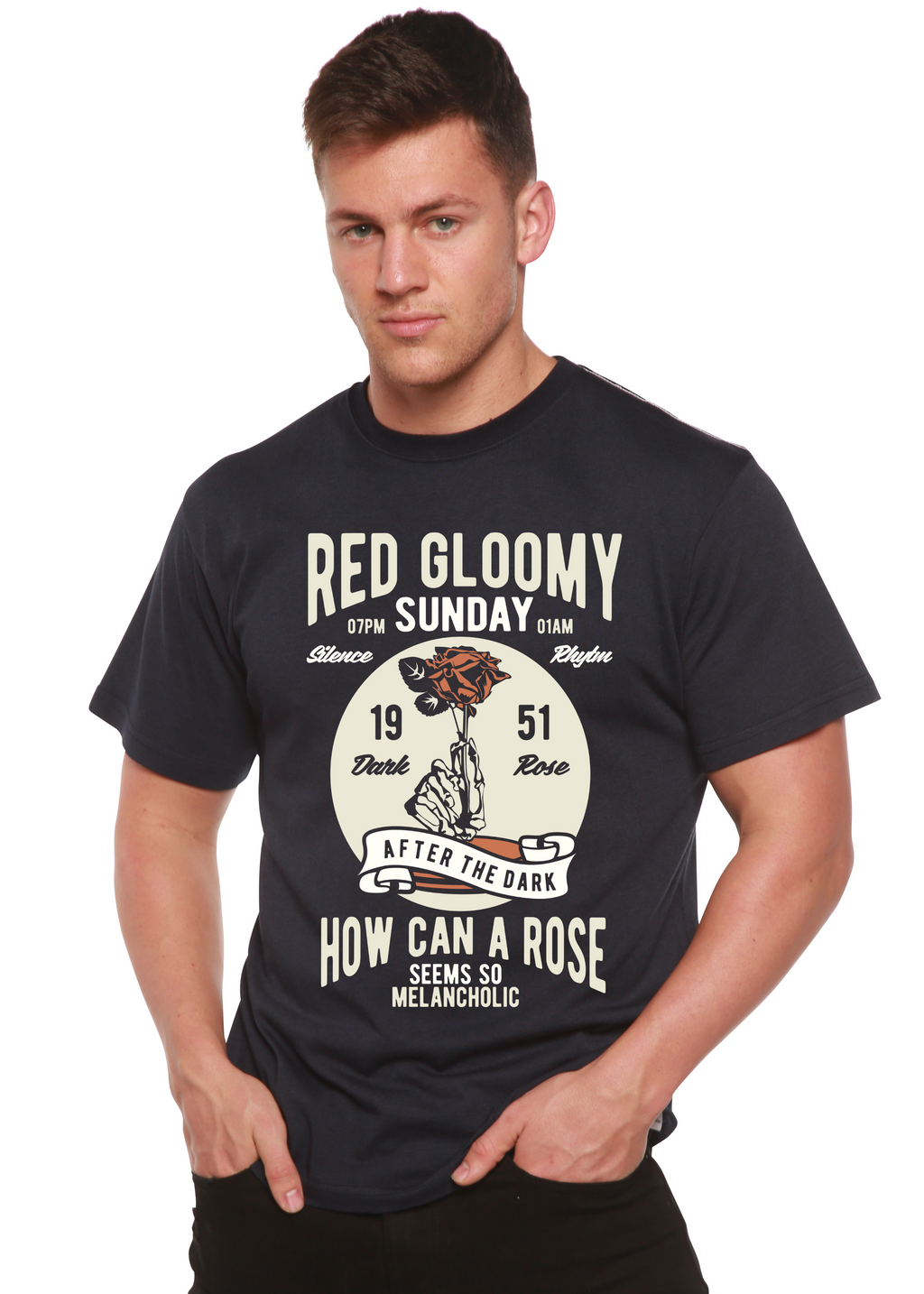 Spun Bamboo Red Gloomy Spun Bamboo® Men's Bamboo Viscose/Organic Cotton Short Sleeve Graphic T-Shirt — detail close-up