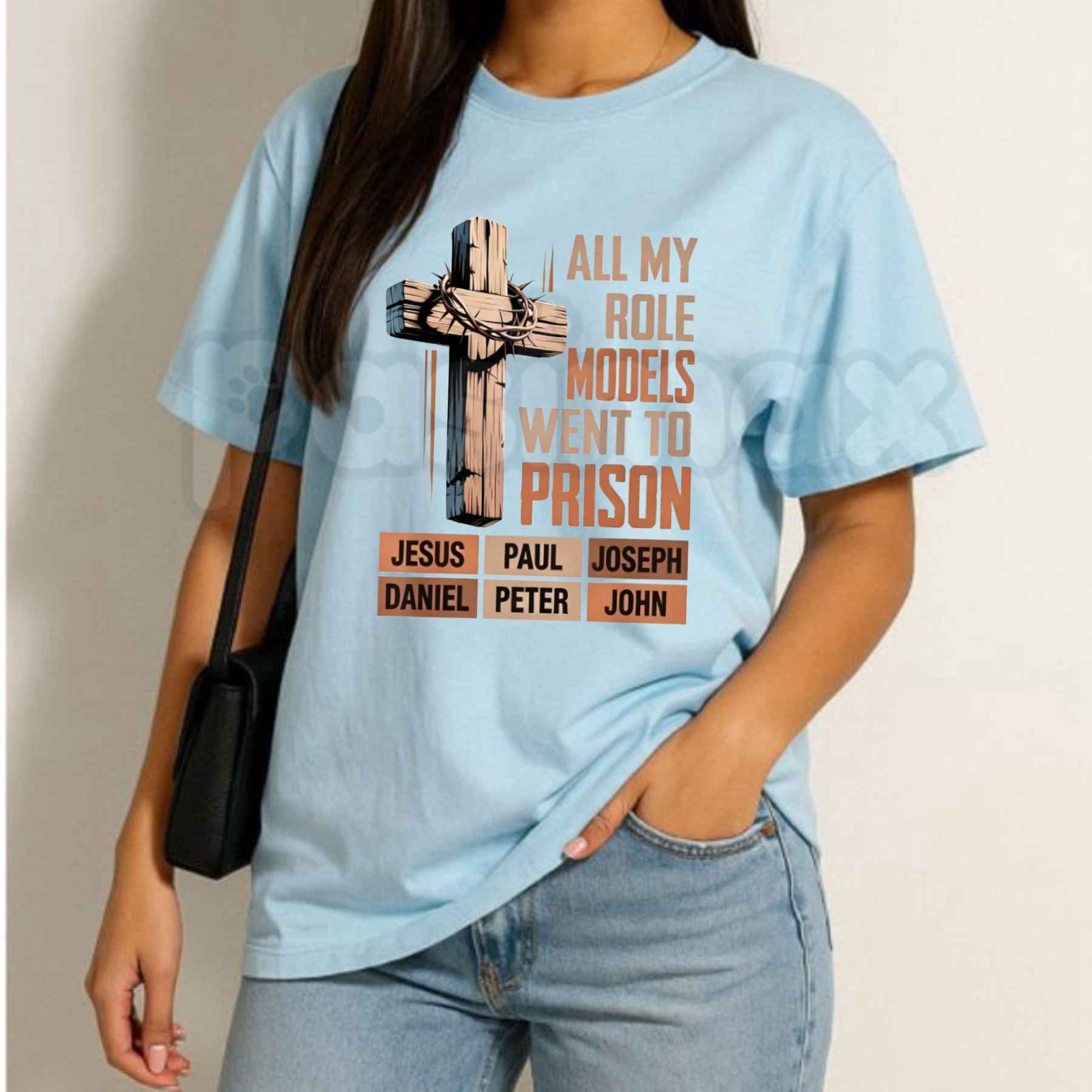 All My Role Models Went To Prison Bible Characters Cross Graphic T-Shirt – Funny Faithful Christian Satire Tee, Sarcastic Scripture Redemption Unisex Faith Shirt