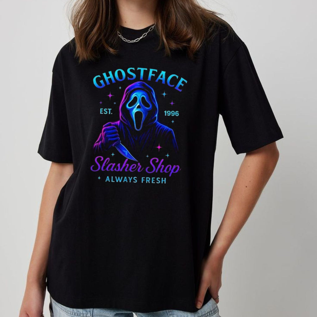 Pasimax Halloween Neon Horror Characters Shirt — lifestyle context