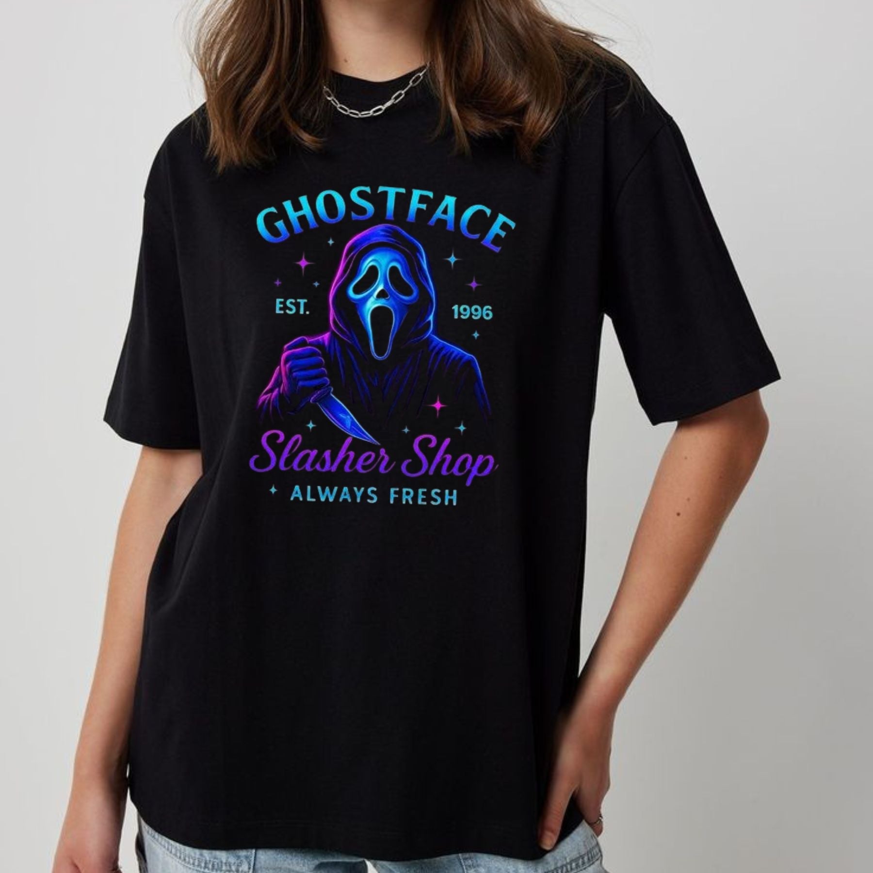 Pasimax Halloween Neon Horror Characters Shirt — lifestyle context