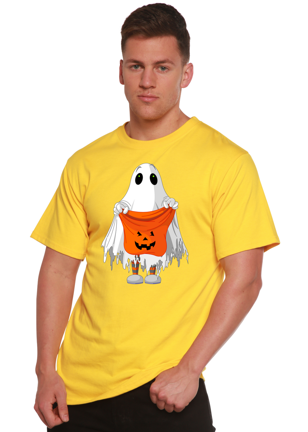 Spun Bamboo Boo Halloween Men's Bamboo Viscose/Organic Cotton Short Sleeve Graphic T-Shirt — detail close-up